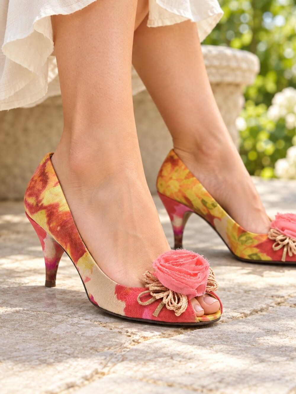 J. Crew Raffia Rose Printed Peep Toe Heels Golden Beach Size 7